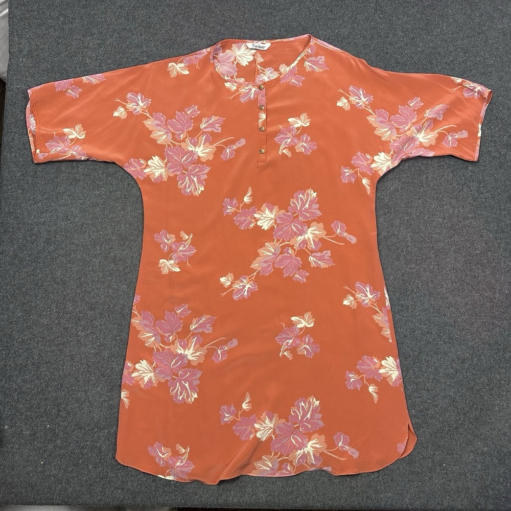 Tucker 100% Silk Floral Tunic Dress Made in USA Coral Orange